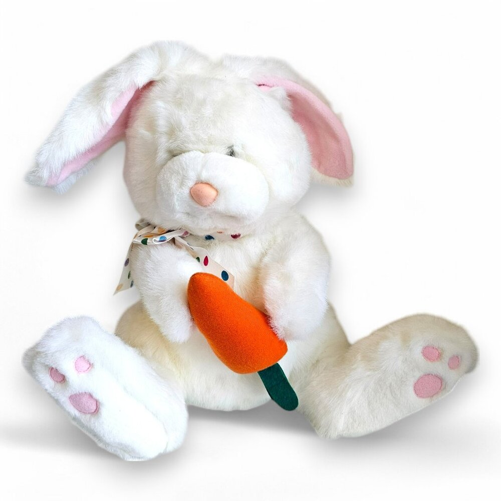 GUND Bunny Rabbit Plush Stuffed Animal White Polka Dot Bow Carrot Easter Vintage